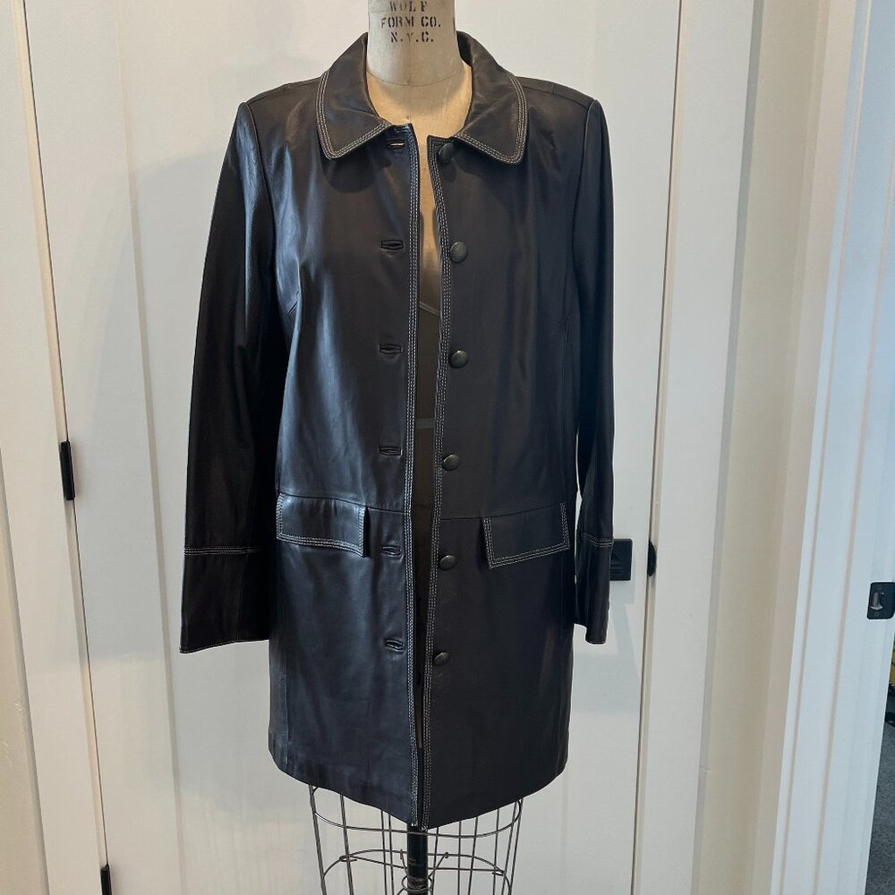 Bradley Leather Coat, Brown & White Trim, Med